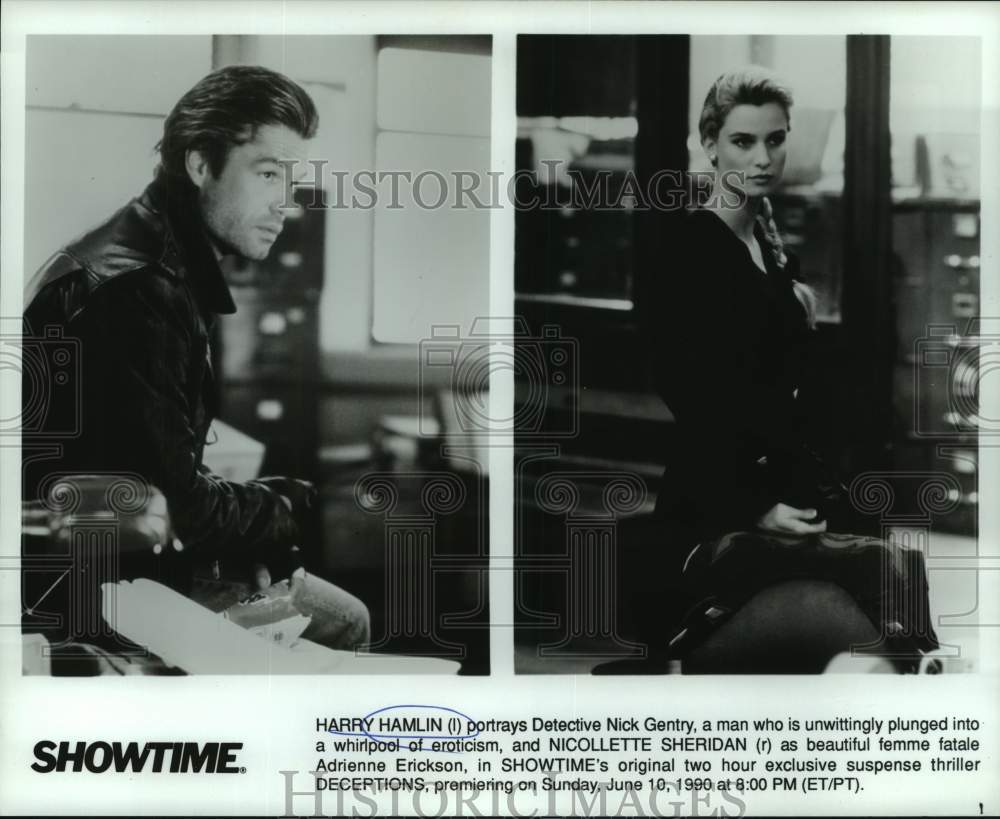 1990 Press Photo Actor Harry Hamlin, Actress Nicollette Sheridan in "Deceptions"