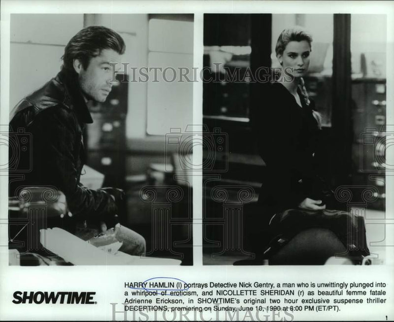 Load image into Gallery viewer, 1990 Press Photo Actor Harry Hamlin, Actress Nicollette Sheridan in "Deceptions"

