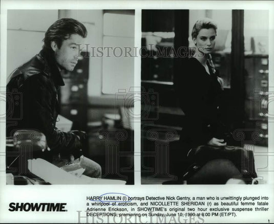 1990 Press Photo Actor Harry Hamlin, Actress Nicollette Sheridan in "Deceptions"