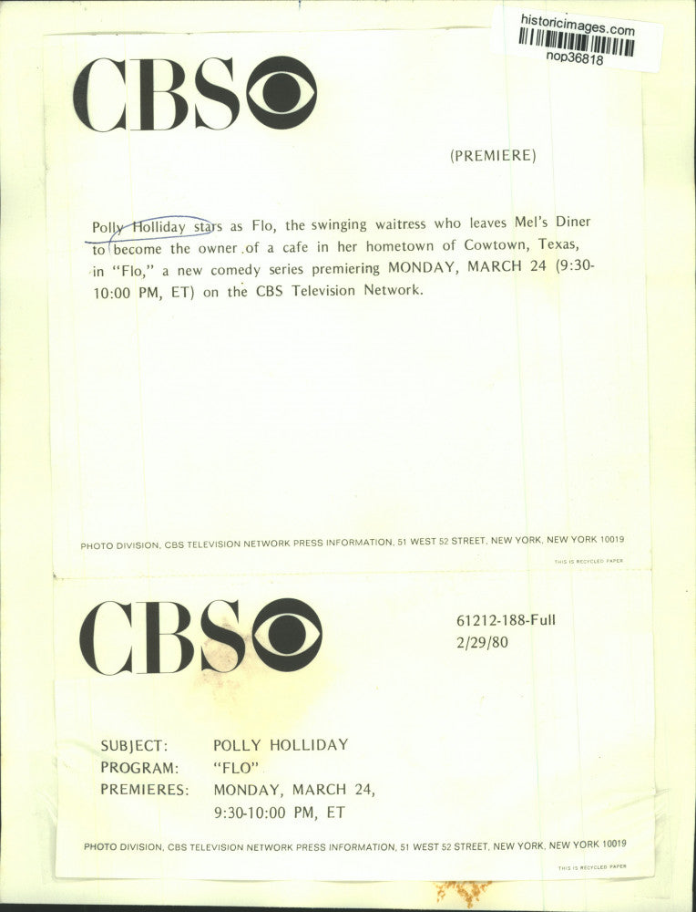 1980 Press Photo Actress Polly Holliday as Flo in "Flo" on CBS Television