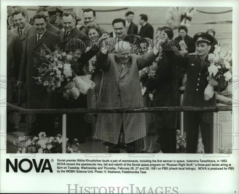 Load image into Gallery viewer, 1963 Press Photo Soviet premier Nikita Khrushchev with Cosmonauts on PBS-TV
