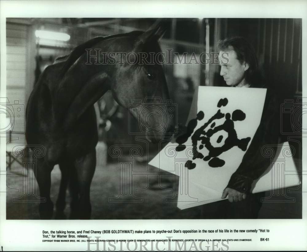 1988 Press Photo Bob Goldthwait and Don the talking horse in &quot;Hot to Trot.&quot;- Historic Images