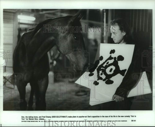 1988 Press Photo Bob Goldthwait and Don the talking horse in "Hot to Trot."- Historic Images