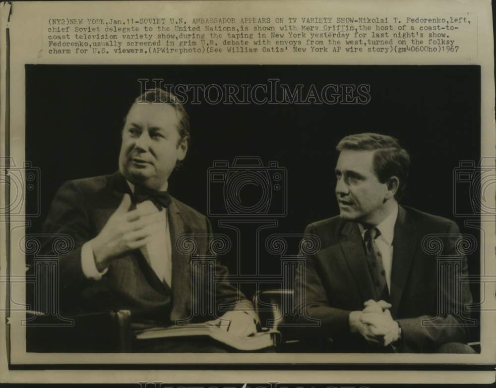 1967 Press Photo Nikolai Fedorenko with Merv Griffin during taping in New York