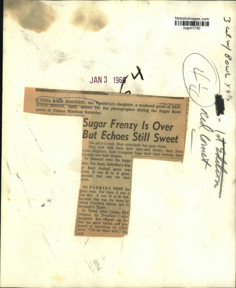 1966 Press Photo Lynda Bird Johnson during the Sugar Bowl game at Tulane Stadium