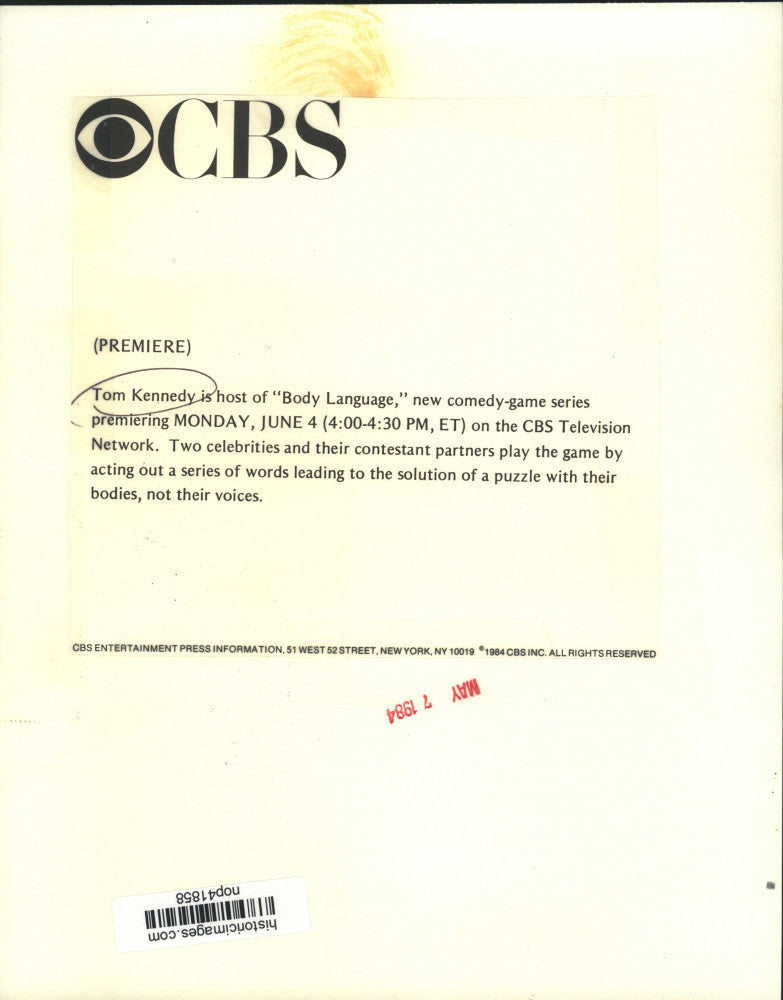 1984 Press Photo Tom Kennedy, host of "Body Language" on CBS Network - nop41858