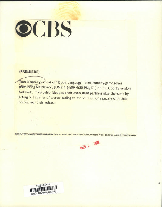 1984 Press Photo Tom Kennedy, host of "Body Language" on CBS Network - nop41858