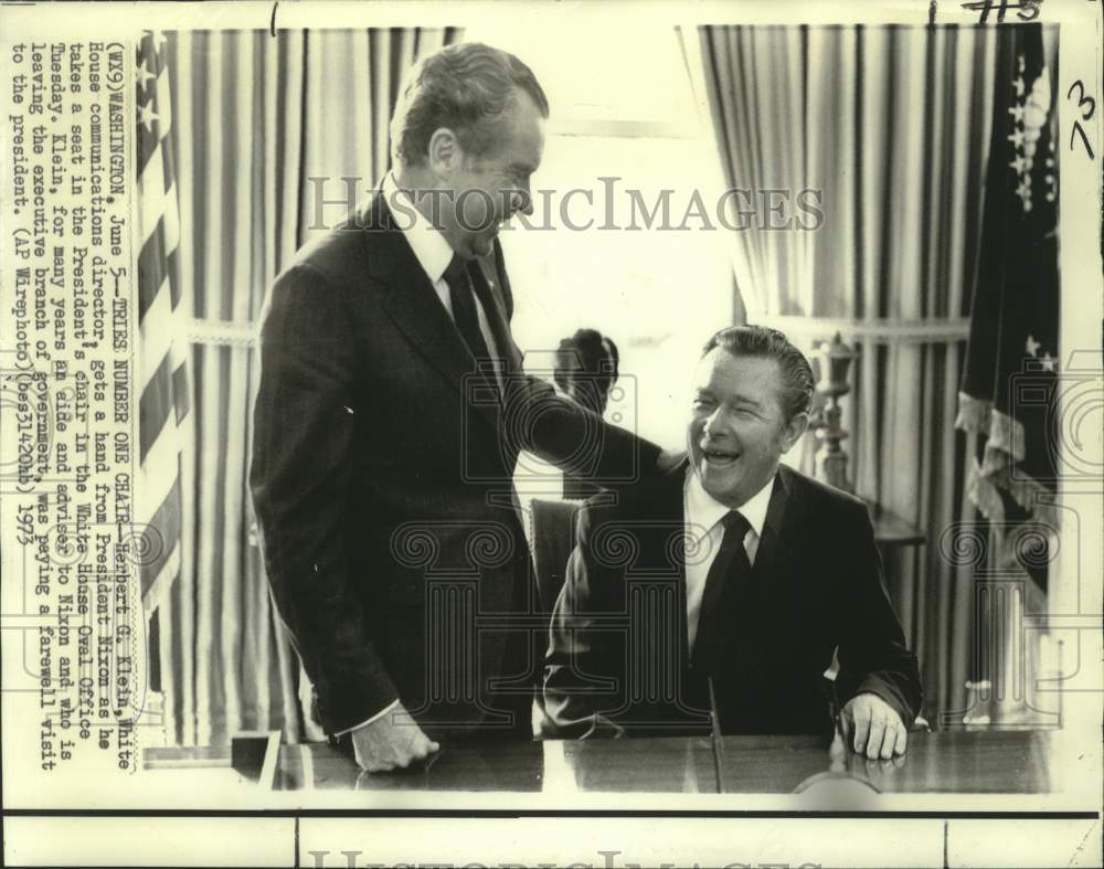 1973 Press Photo Herbert G. Klein with President Nixon at the Oval Office