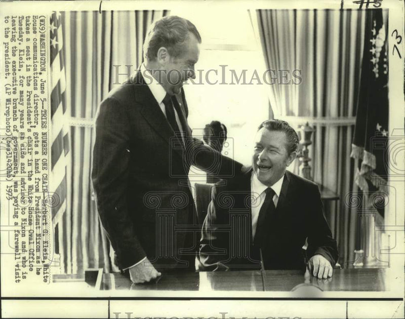 Load image into Gallery viewer, 1973 Press Photo Herbert G. Klein with President Nixon at the Oval Office
