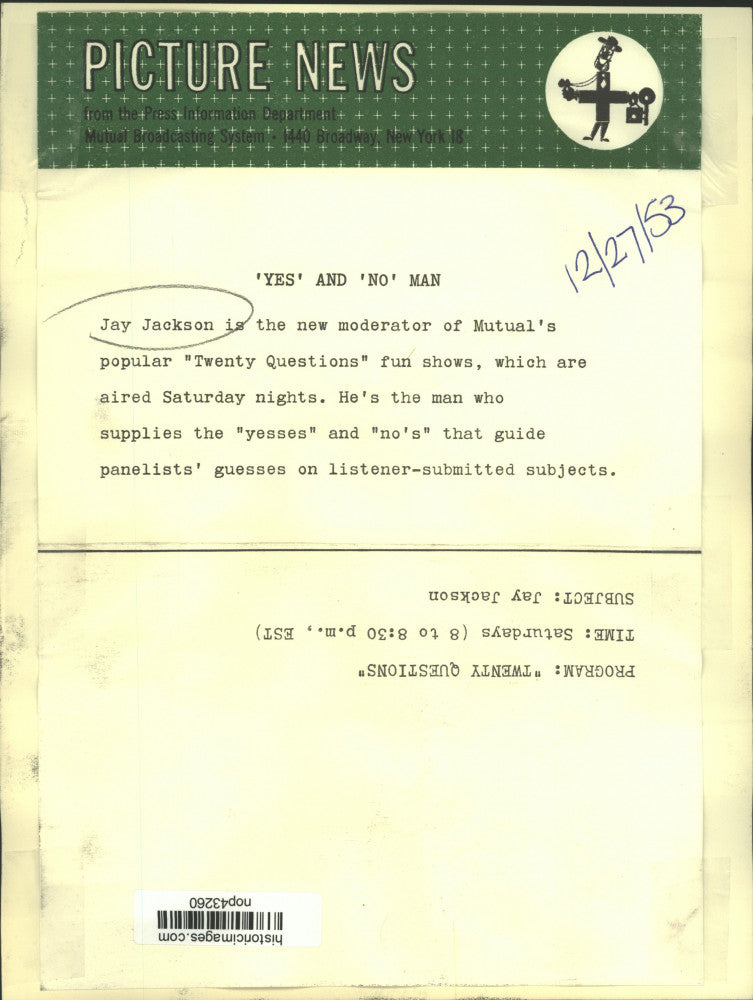 1953 Press Photo Jay Jackson, moderator of "Twenty Questions" - nop43260