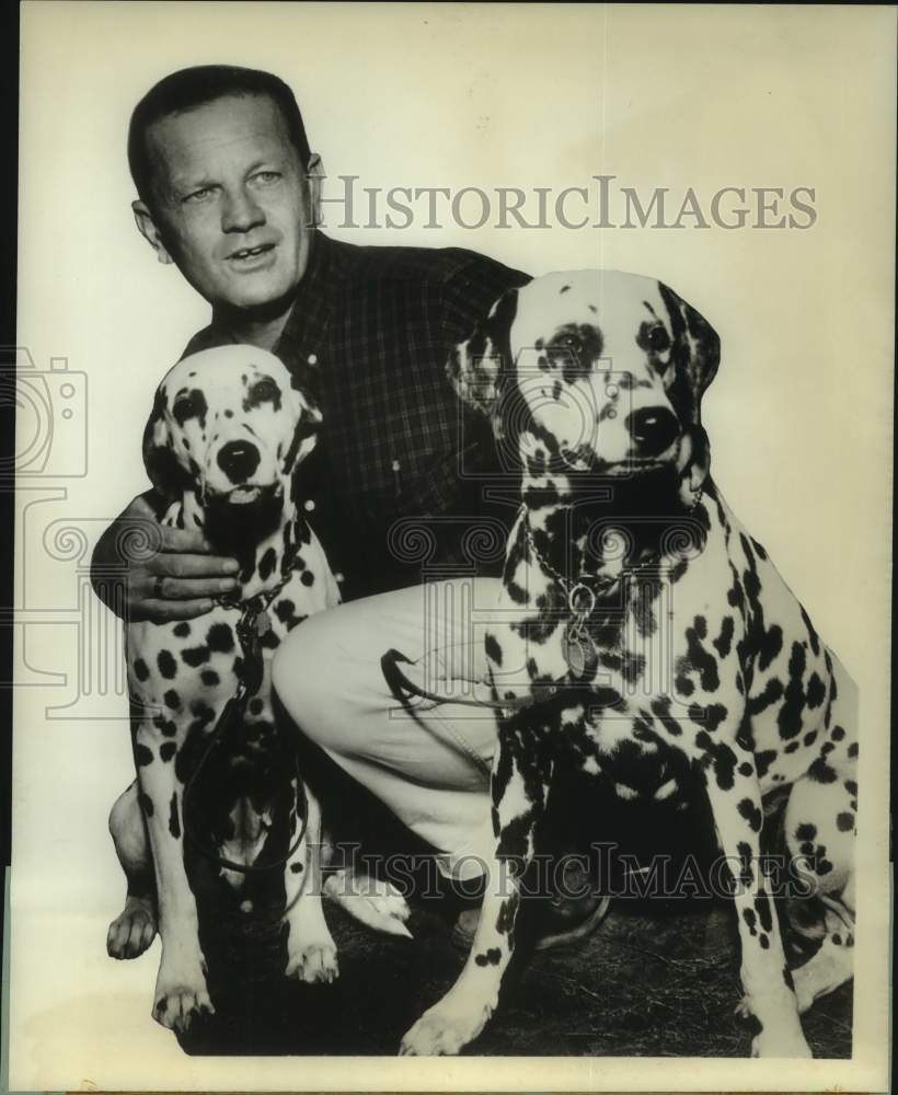 1964 Press Photo Author Mike Jackson with his pet Dalmation dogs - nop43261