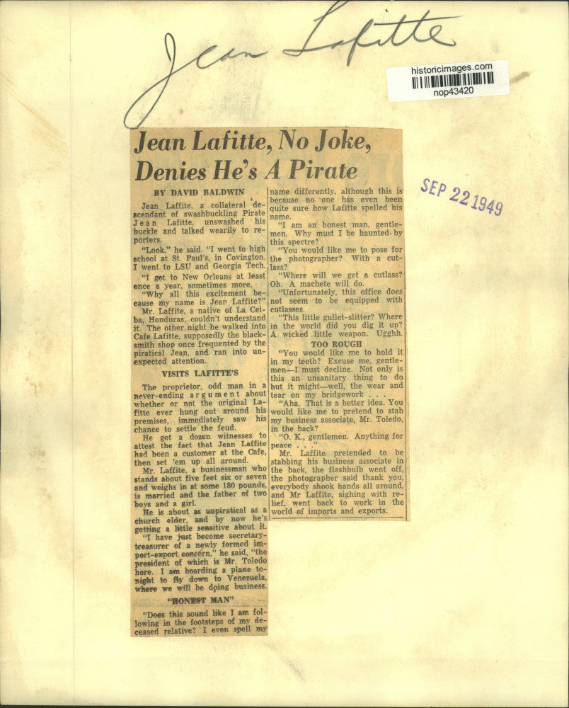 1949 Press Photo Businessman Jean Lafitte Denies He's A Pirate - nop43420