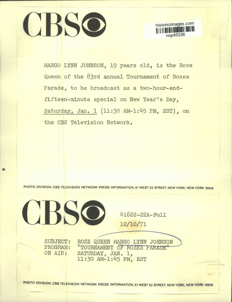 1971 Press Photo Margo Lynn Johnson, Rose Queen of Tournament of Roses Parade