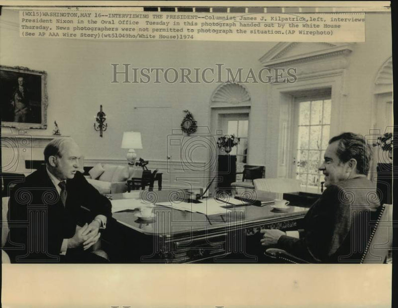 Load image into Gallery viewer, 1974 Press Photo James Kirkpatrick interviews interviews President Nixon
