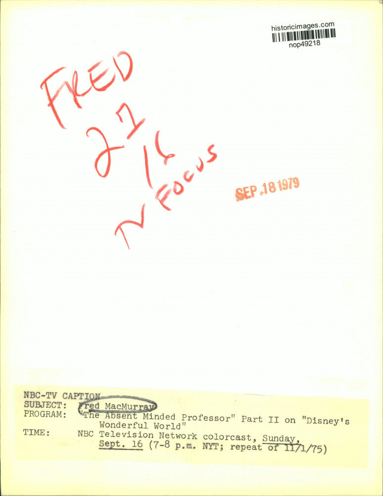 1979 Press Photo Actor Fred MacMurray in "The Absent Minded Professor" movie