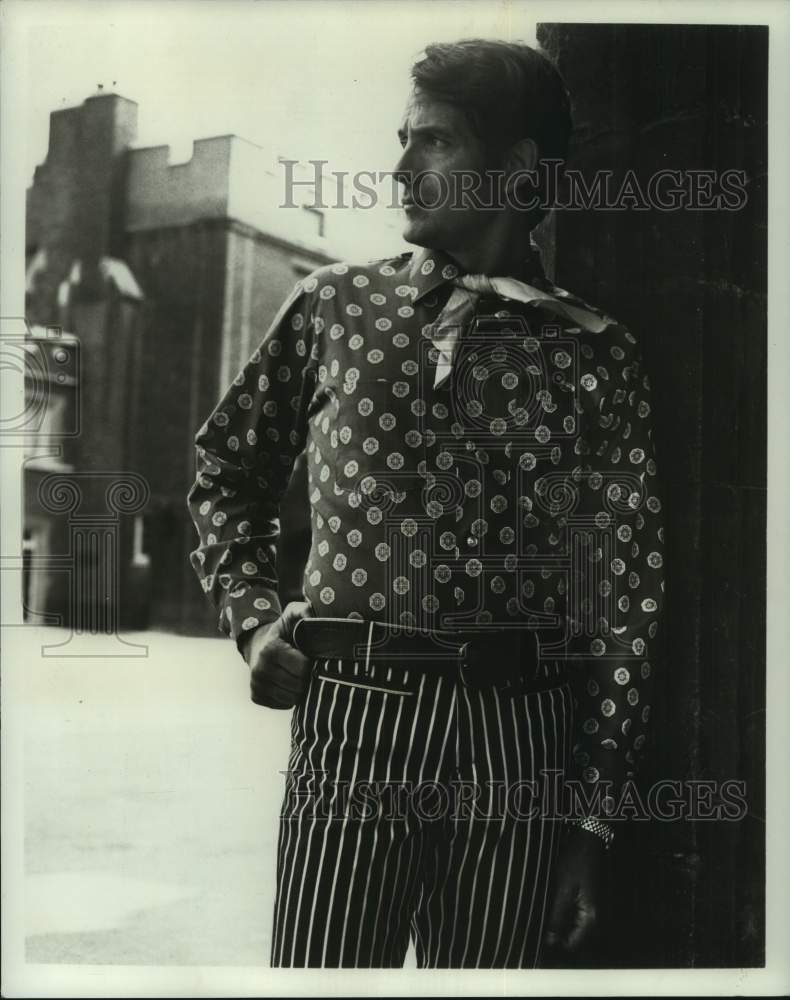 1969 Press Photo Man models pinstripe pants, Men Fashion - nop49832