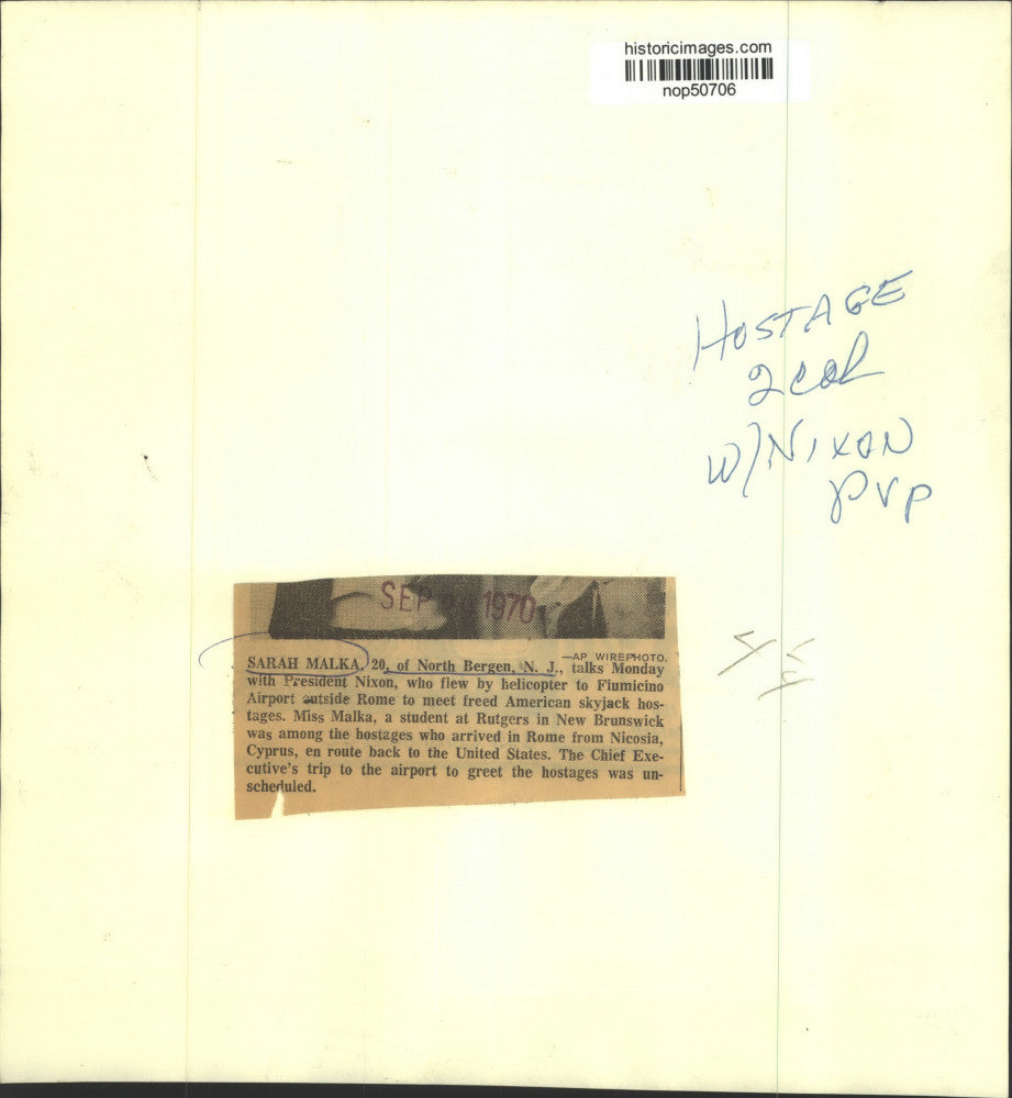 1970 Press Photo President Nixon meets freed hostage Sarah Malka at Rome airport