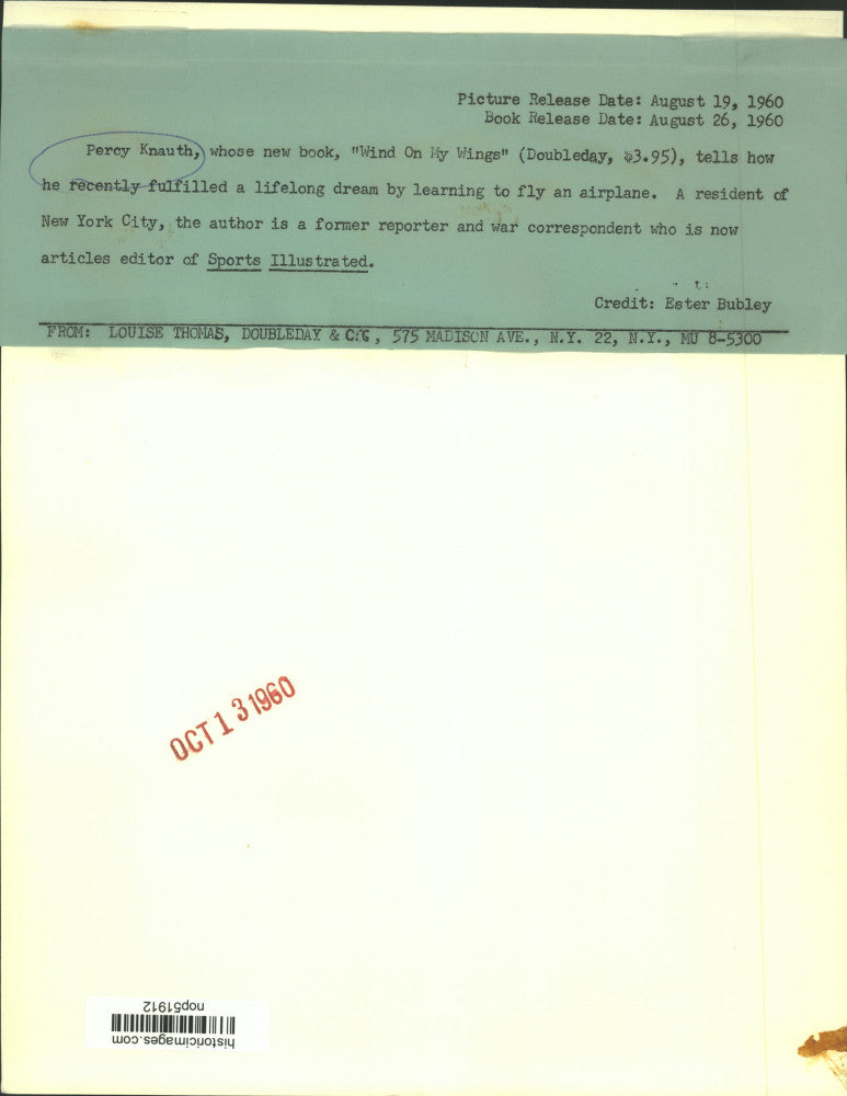 1960 Press Photo Author Percy Knauth with released "Wind On My Wings"