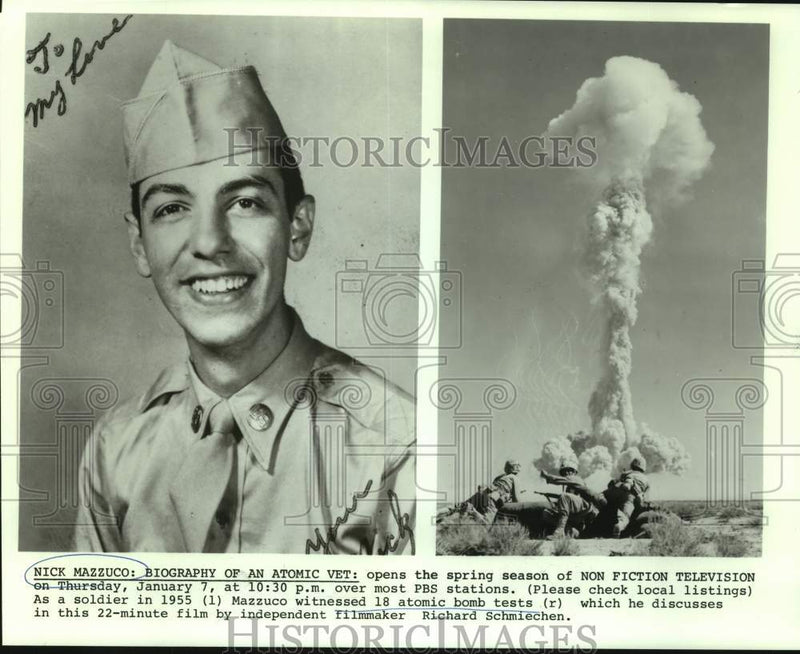 Load image into Gallery viewer, 1955 Press Photo "Nick Mazzuco: Biography of an Atomic Vet" in composite on PBS
