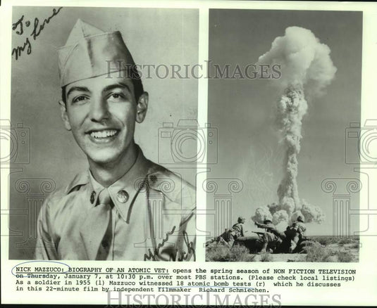 1955 Press Photo "Nick Mazzuco: Biography of an Atomic Vet" in composite on PBS