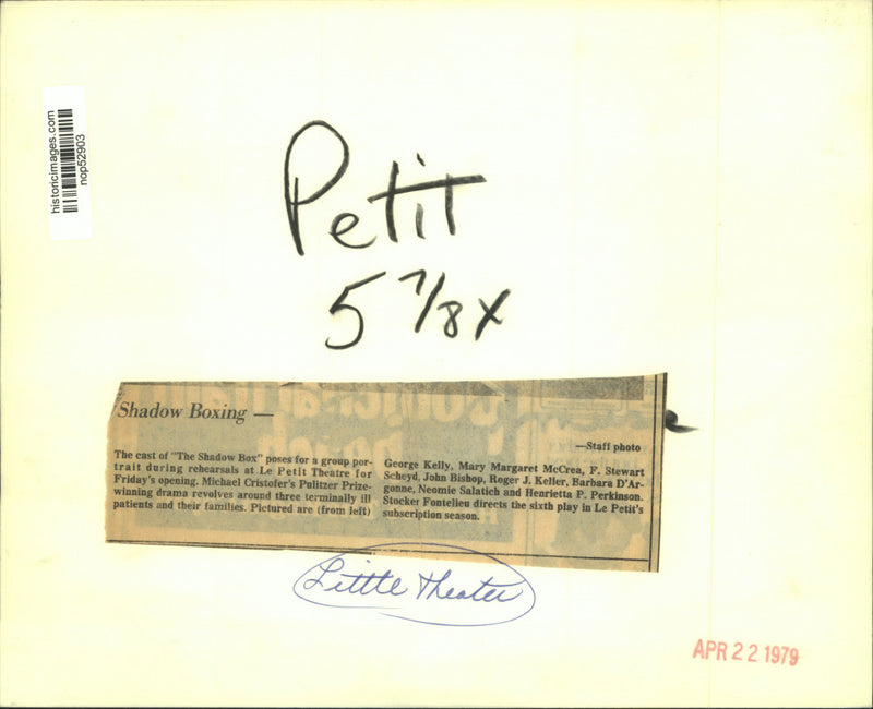 Load image into Gallery viewer, 1979 Press Photo Cast of "The Shadow Box" at Le Petit Theatre in performance
