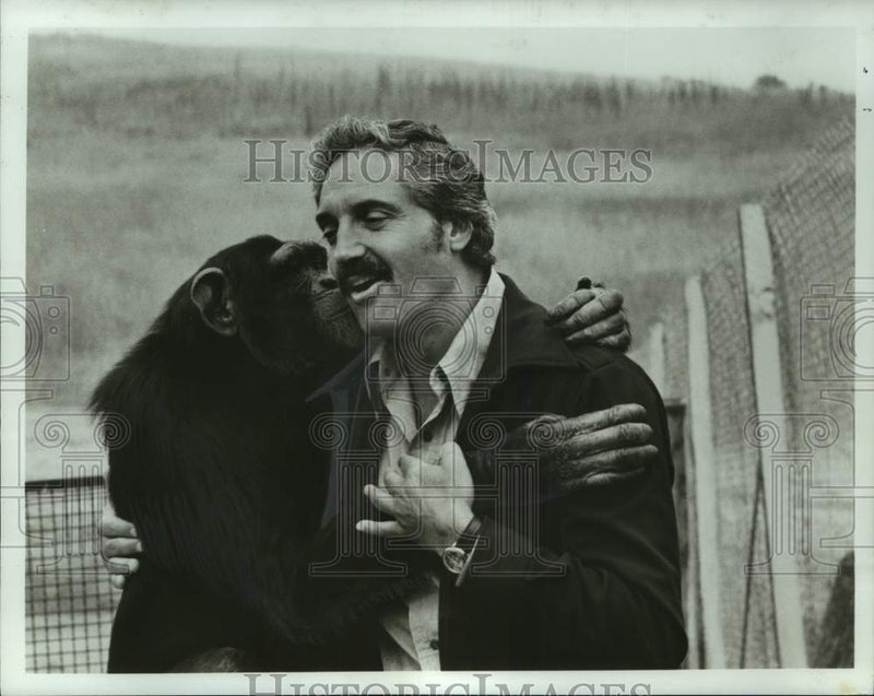 Load image into Gallery viewer, 1976 Press Photo Hal Linden and chimpanzee on "Animals Animals Animals" on ABCTV
