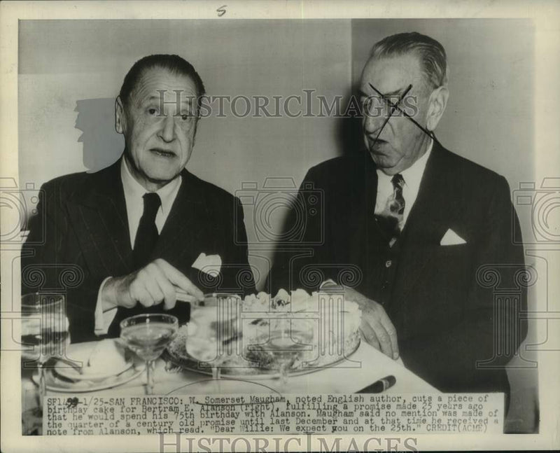 Load image into Gallery viewer, 1949 Press Photo W. Somerset Maugham spending his birthday with Bertram Alanson
