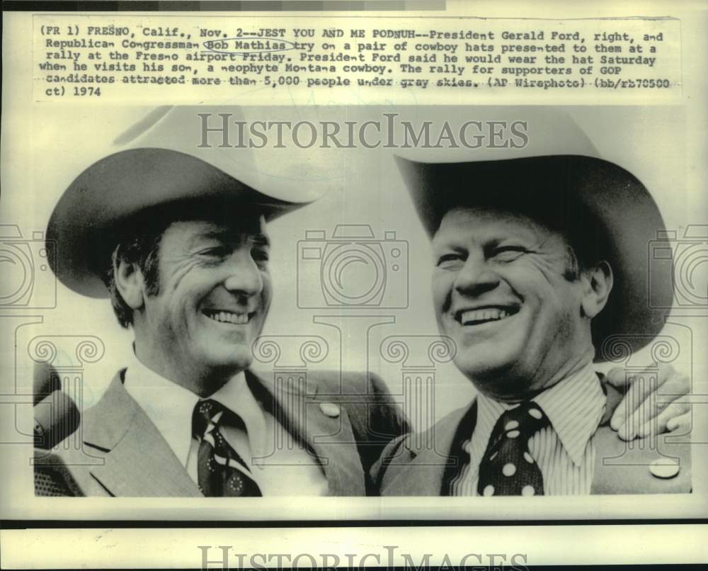 1974 Press Photo President Gerald Ford, Congressman Bob Mathias in Fresno