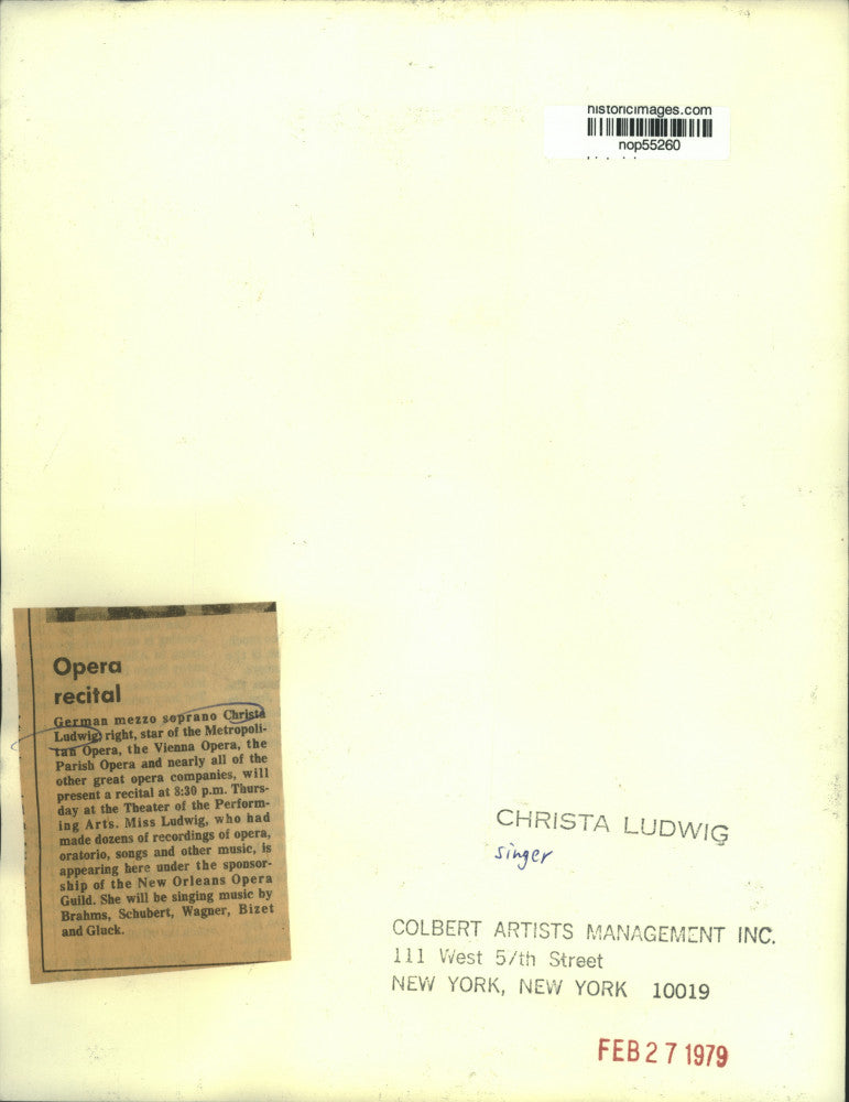 1979 Press Photo Mezzo soprano Christa Ludwig at Theater of Performing Arts
