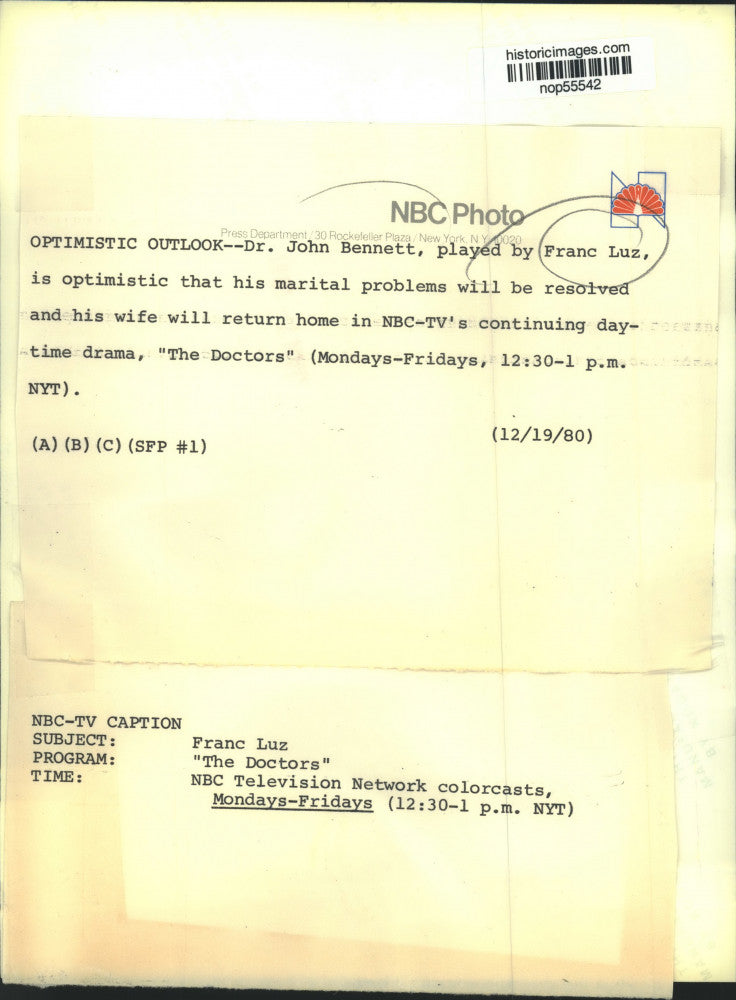 1980 Press Photo Franc Luz in "The Doctors" on NBC Television Network.