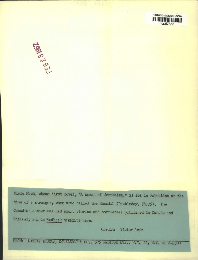 1962 Press Photo Elsie Mack, author of the novel "A Woman of Jerusalem"