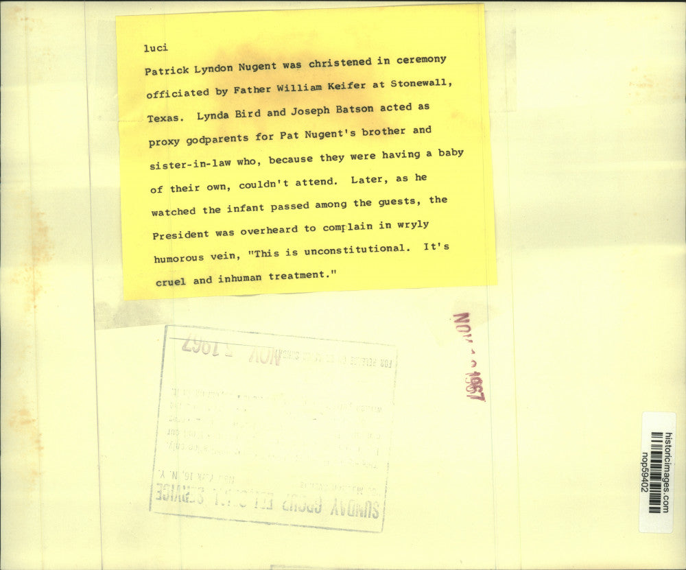 1967 Press Photo Patrick Lyndon Nugent christening at Stonewall, Texas