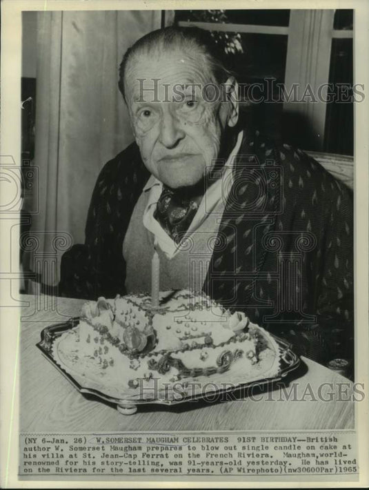 1965 Press Photo British author W. Somerset Maugham celebrates his 91st birthday