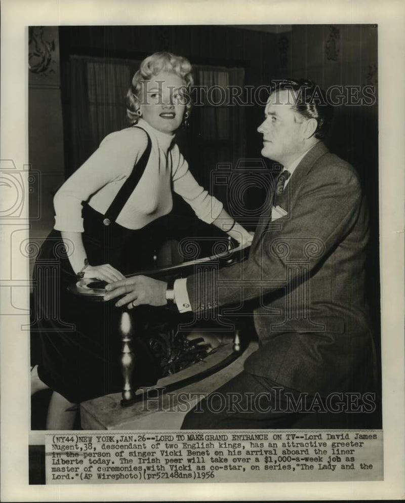 Load image into Gallery viewer, 1956 Press Photo Lord David James Nugent greeted aboard Liberte by Vicki Benet
