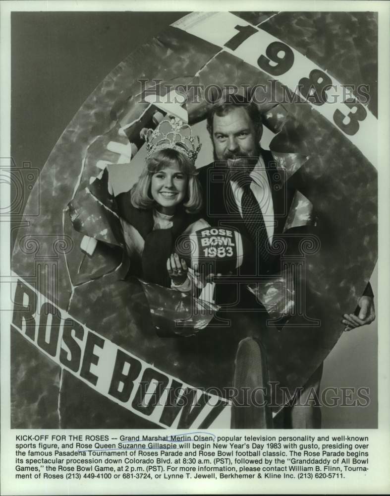 1982 Press Photo Grand Marshal Merlin Olsen &amp; Rose Queen Suzanne Gillaspie- Historic Images