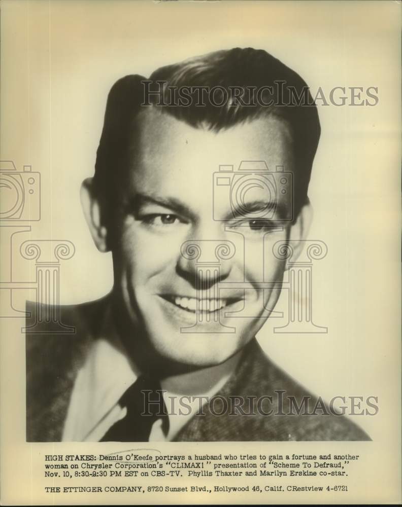 1955 Press Photo Dennis O&#39;Keefe stars in &quot;Scheme To Defraud&quot; - nop60400