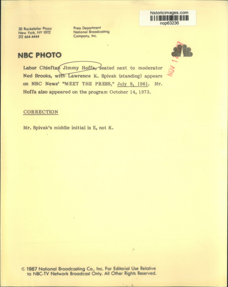 1961 Press Photo Labor Chieftain Jimmy Hoffa & hosts on "Meet The Press"