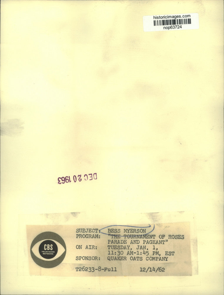 1962 Press Photo Bess Myerson in "The Tournament of Roses Parade and Pageant"