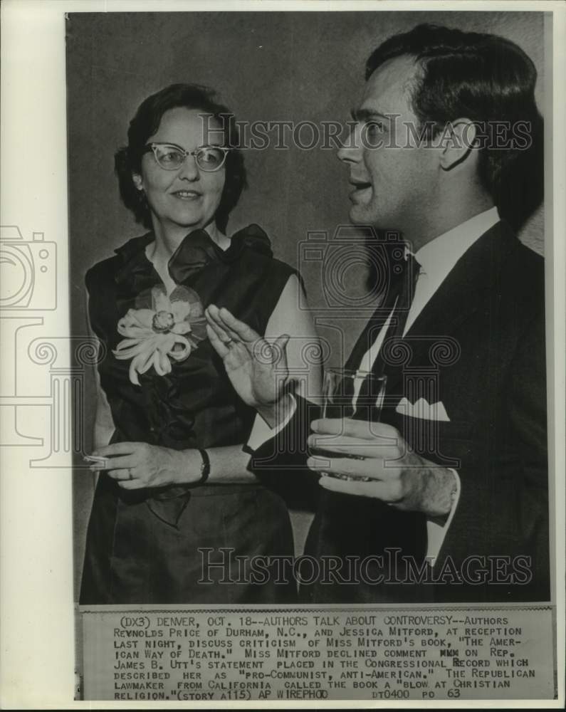1963 Press Photo Authors Reynolds Price & Jessica Mitford at a reception, Denver