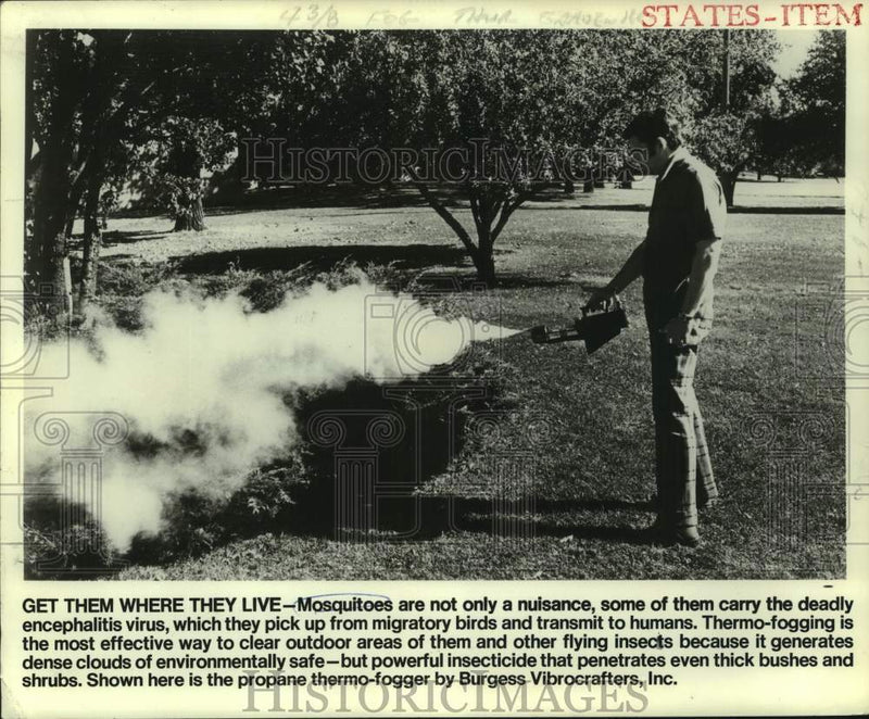 Load image into Gallery viewer, 1977 Press Photo Propane thermo-fogger creates dense cloud to kill mosquitoes.
