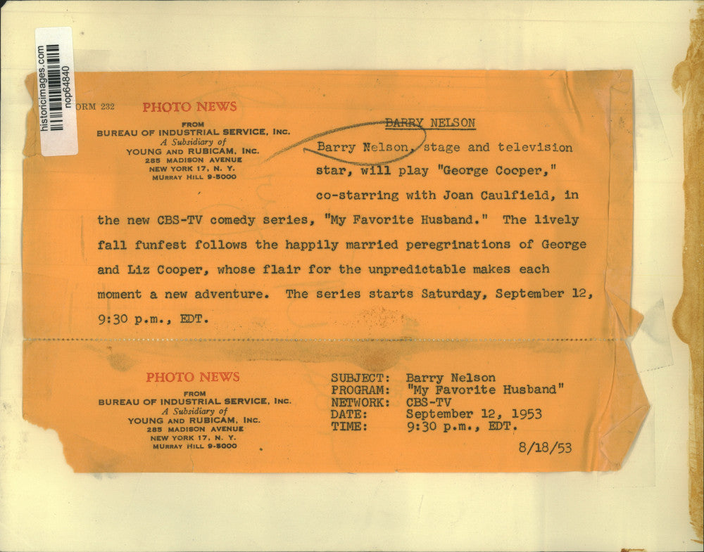 1953 Press Photo Barry Nelson stars in CBS comedy series "My Favorite Husband"