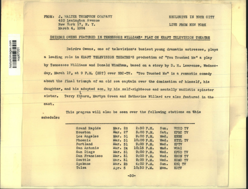 1954 Press Photo Deirdre Owens stars in Kraft Theatre's "You Touched Me."