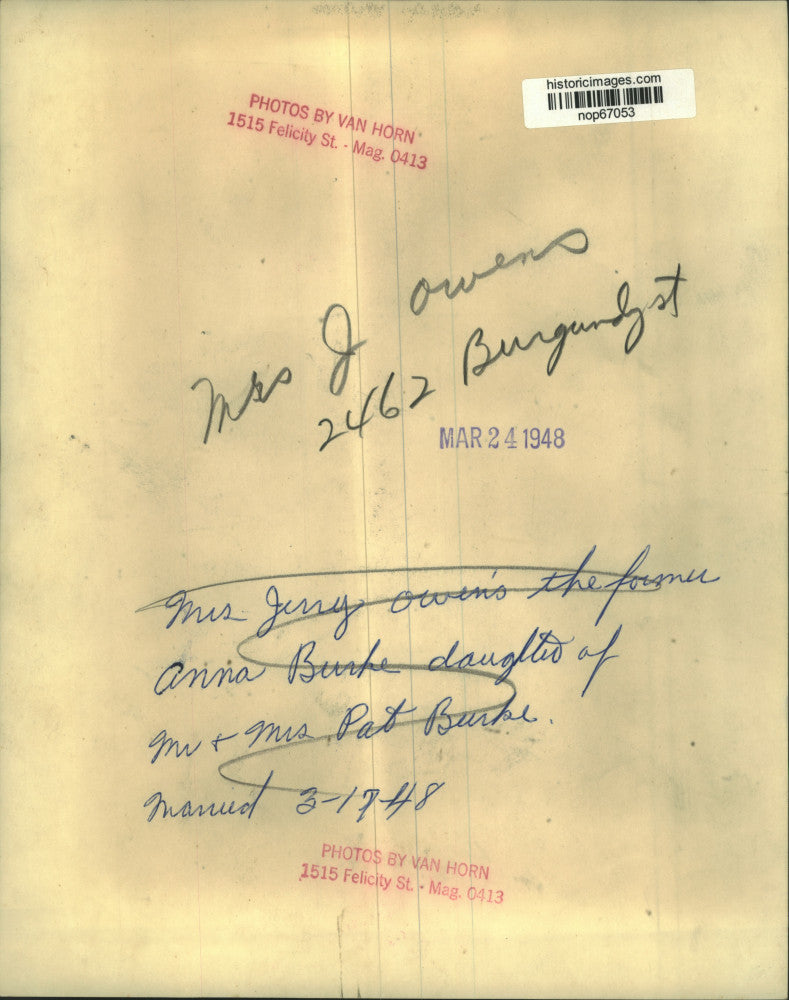 1948 Press Photo Mrs. Jerry Owens, former Anna Burke - nop67053