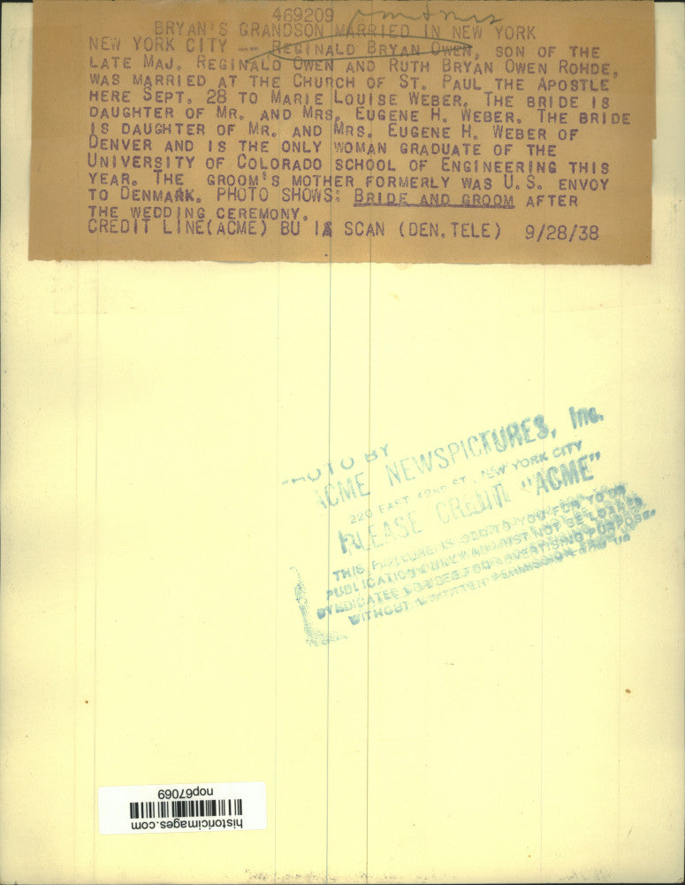 1938 Press Photo Reginald Bryan Owen and Ruth Bryan Owen Rohde marred at Church