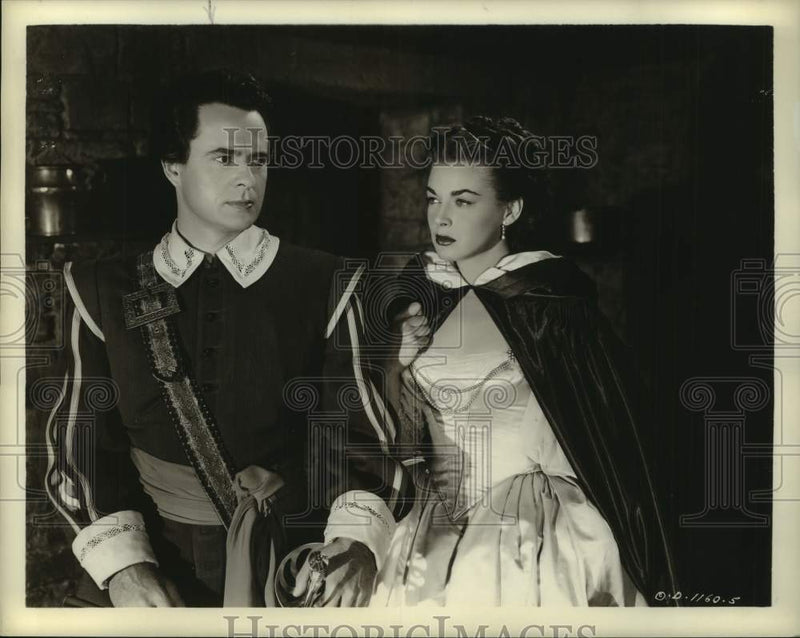 Load image into Gallery viewer, 1948 Press Photo Larry Parks and Marguerite Chapman in "The Gallant Blade"
