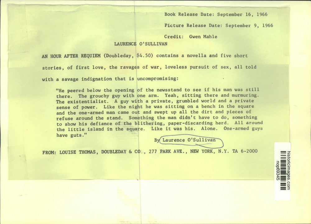 1966 Press Photo Laurence O'Sullivan, author of An Hour After Requiem.