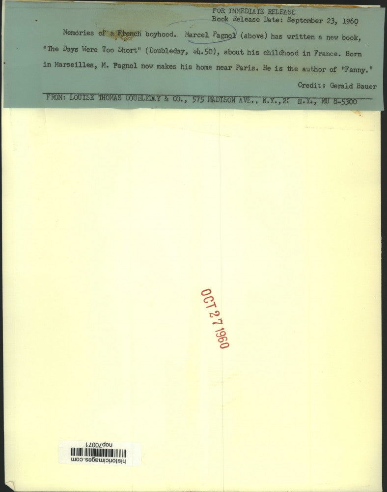 1960 Press Photo Author Marcel Pagnol of "The Days Were Too Short" "Fanny" books