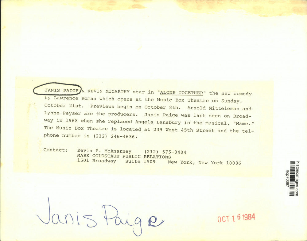 1984 Press Photo Janis Paige stars in "Alone Together," at Music Box Theatre.