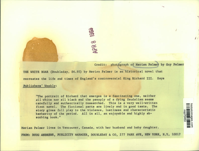 Load image into Gallery viewer, 1968 Press Photo Marian Palmer's "The White Boar," published by Doubleday.
