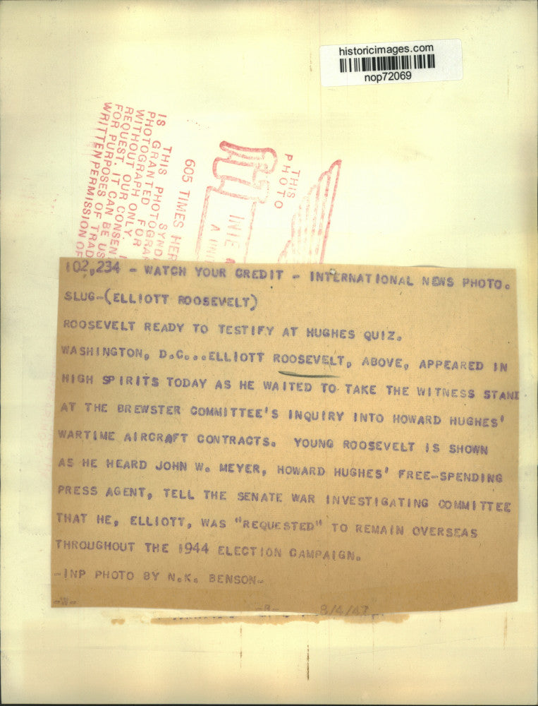 1947 Press Photo Elliott Roosevelt witness at the Brewster Committee's inquiry